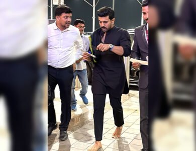Headed To LA For The Oscars, Ram Charan Spotted Barefoot At Hyderabad Airport