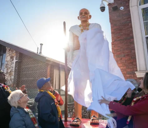 Eric Adams Unveils Gandhi Statue Outside Temple After Vandalism Of 2022