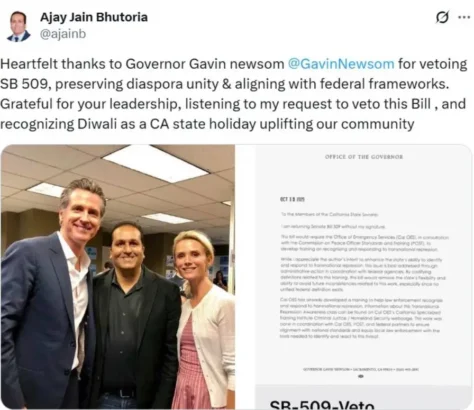 Governor Newsom Vetoes Controversial Transnational Repression Bill, Hindu Groups Relieved