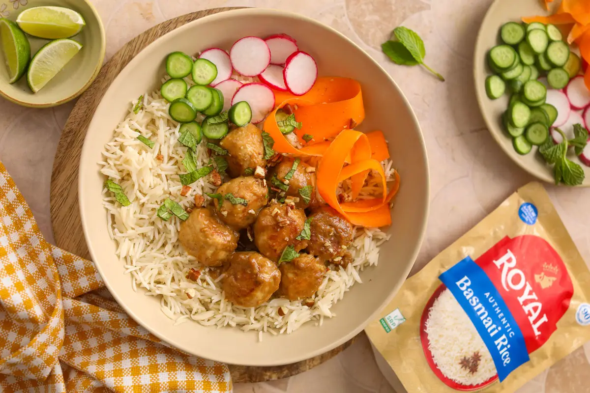 Honey-Dijon Chicken Meatballs & Basmati Rice