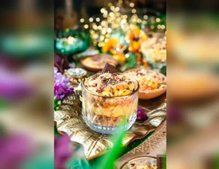 Kesar Pista Kunafa Phirni With Shaved Chocolate