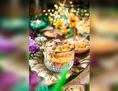 Kesar Pista Kunafa Phirni With Shaved Chocolate