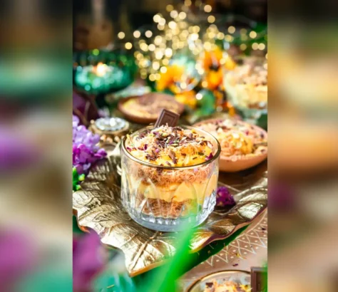 Kesar Pista Kunafa Phirni With Shaved Chocolate