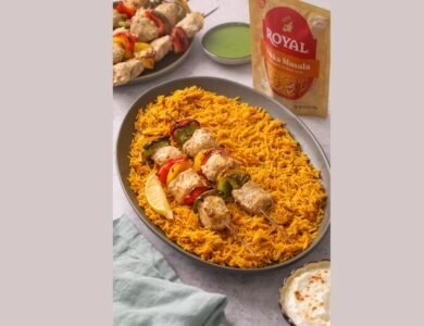 Pepper Chicken Skewers With Tikka Masala Rice
