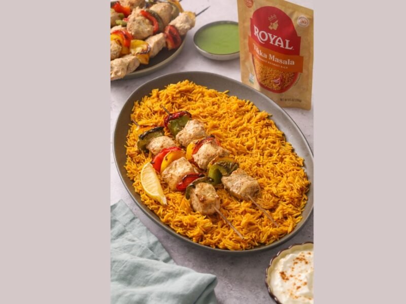 Pepper Chicken Skewers With Tikka Masala Rice