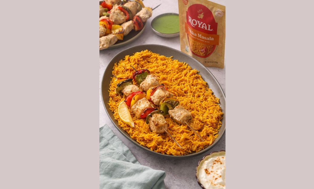 Pepper Chicken Skewers With Tikka Masala Rice