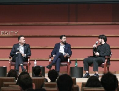 Former Irish Taoiseach Leo Varadkar (left) and former Scottish First Minister Humza Yousaf (centre) join a panel discussion moderated by Project Dosti co-founder Luv Jawahrani during the inaugural India-Pakistan Friendship Conference at Stanford University's Hoover Institution from March 31–April 1, 2026.