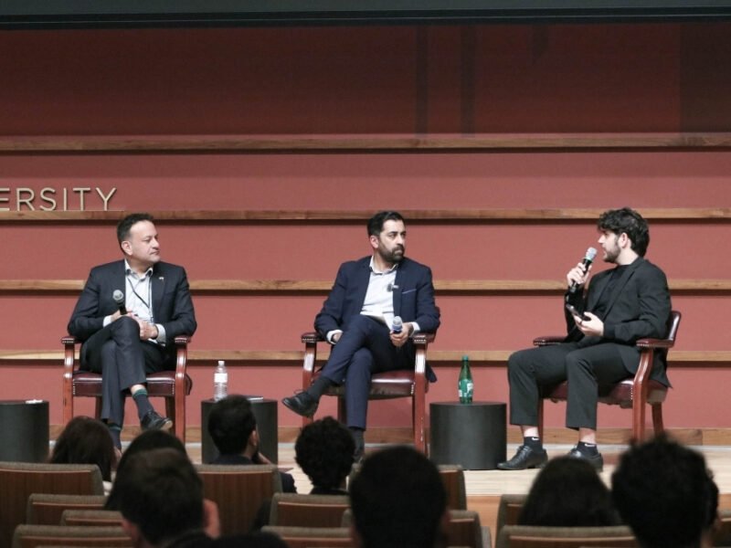 Former Irish Taoiseach Leo Varadkar (left) and former Scottish First Minister Humza Yousaf (centre) join a panel discussion moderated by Project Dosti co-founder Luv Jawahrani during the inaugural India-Pakistan Friendship Conference at Stanford University's Hoover Institution from March 31–April 1, 2026.