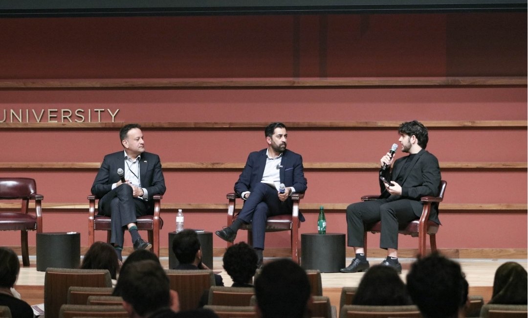 Former Irish Taoiseach Leo Varadkar (left) and former Scottish First Minister Humza Yousaf (centre) join a panel discussion moderated by Project Dosti co-founder Luv Jawahrani during the inaugural India-Pakistan Friendship Conference at Stanford University's Hoover Institution from March 31–April 1, 2026.