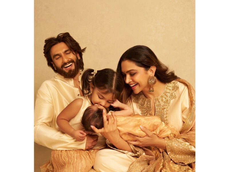 Ranveer Singh and Deepika Padukone with daughters Dua and Devi in matching golden outfits