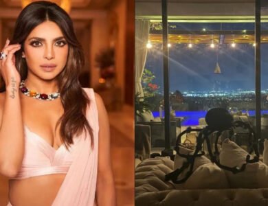 Priyanka Chopra’s balcony decorated with string lights, a giant spider and hanging Halloween accents