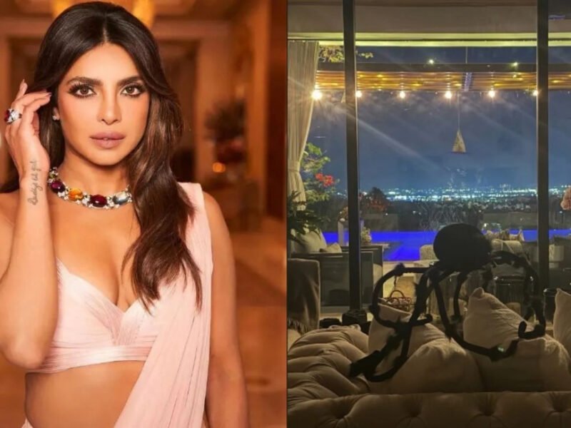 Priyanka Chopra’s balcony decorated with string lights, a giant spider and hanging Halloween accents