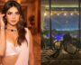 Priyanka Chopra’s balcony decorated with string lights, a giant spider and hanging Halloween accents