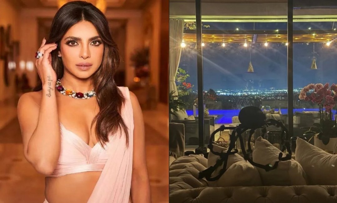 Priyanka Chopra’s balcony decorated with string lights, a giant spider and hanging Halloween accents