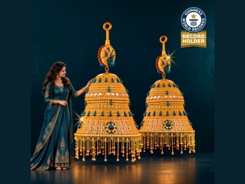 Joyalukkas’ Mayura Sahasra gold jhumkas on display in Dubai