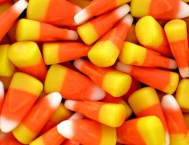 Bags of Halloween candy displayed on supermarket shelves