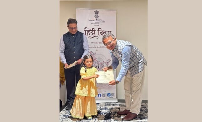 Students, Hindi teachers and community members celebrate Hindi Diwas at the Consulate General of India in Los Angeles.
