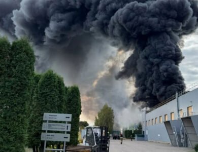 Smoke rises from the Kusum Healthcare pharmaceutical plant in Sumy, Ukraine, after a Russian drone attack.