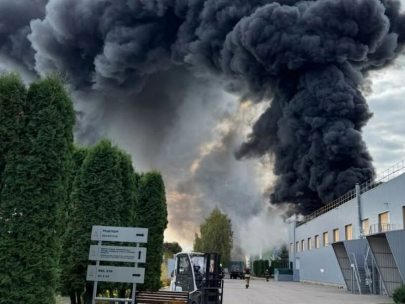 Smoke rises from the Kusum Healthcare pharmaceutical plant in Sumy, Ukraine, after a Russian drone attack.