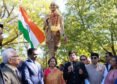 Commerce Minister Piyush Goyal addresses the Indian American community in Chicago after paying tribute to Mahatma Gandhi.