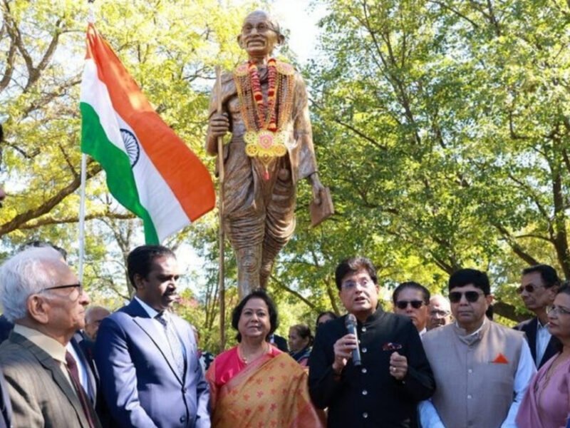 Commerce Minister Piyush Goyal addresses the Indian American community in Chicago after paying tribute to Mahatma Gandhi.