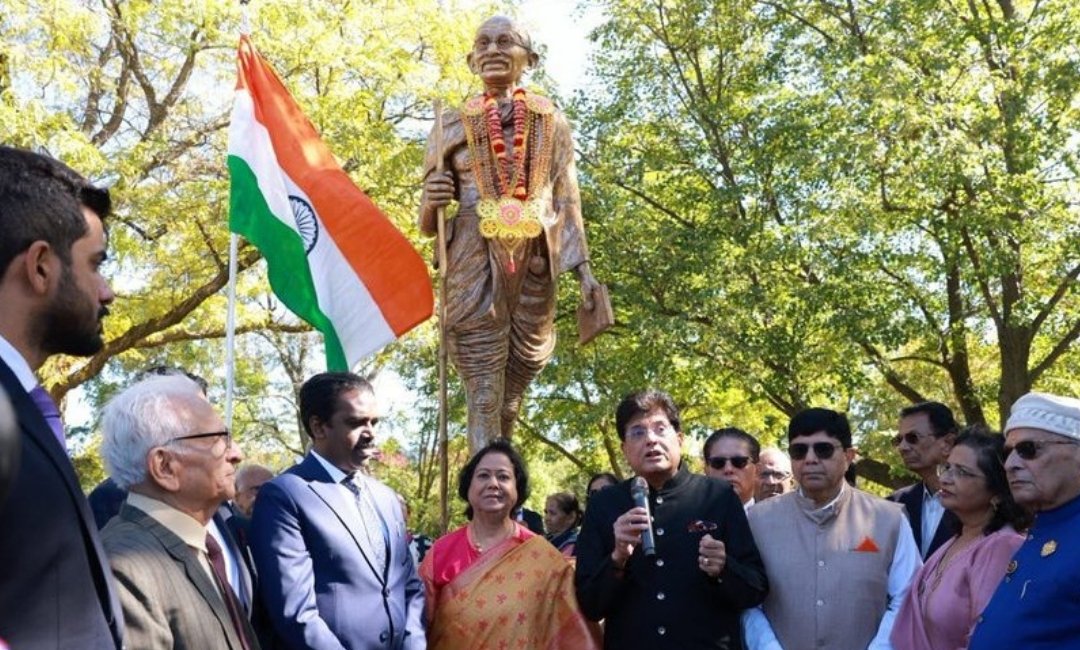 Commerce Minister Piyush Goyal addresses the Indian American community in Chicago after paying tribute to Mahatma Gandhi.