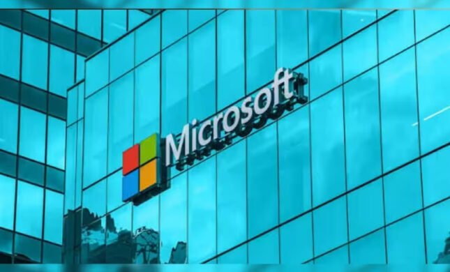 Microsoft logo outside a company office