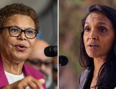 Nithya Raman and Karen Bass at the Los Angeles mayoral debate