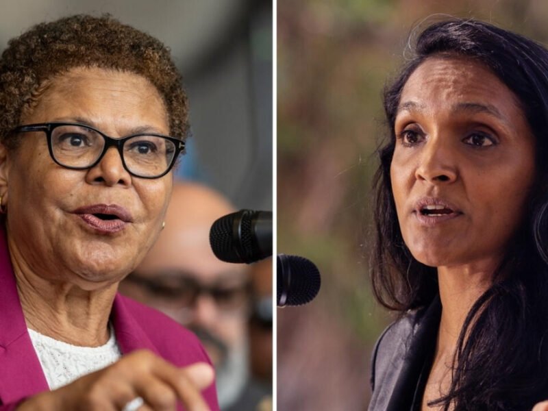 Nithya Raman and Karen Bass at the Los Angeles mayoral debate
