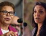 Nithya Raman and Karen Bass at the Los Angeles mayoral debate