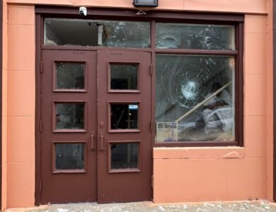 Shree Swaminarayan Vadtal Dham Hindu Mandir in Richmond Heights, Ohio, damaged in a brick attack while priests and devotees were inside.