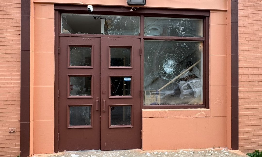 Shree Swaminarayan Vadtal Dham Hindu Mandir in Richmond Heights, Ohio, damaged in a brick attack while priests and devotees were inside.