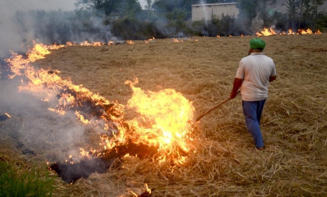Crop residue management machinery in a harvested paddy field in Punjab