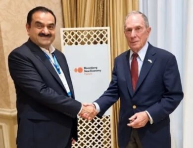 Mike Bloomberg meets Gautam Adani at the Bloomberg New Economy Forum in New Delhi