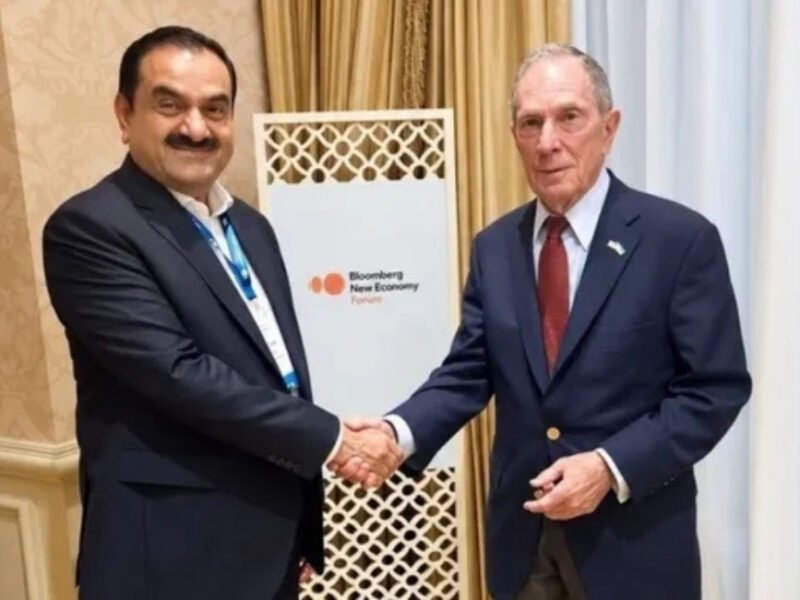 Mike Bloomberg meets Gautam Adani at the Bloomberg New Economy Forum in New Delhi