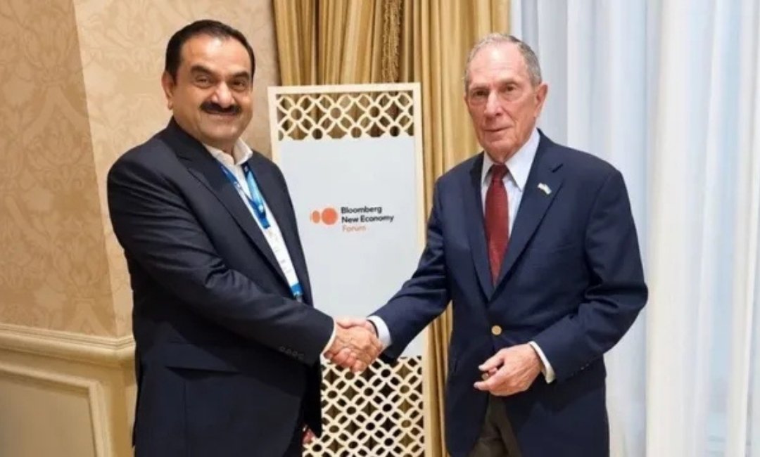 Mike Bloomberg meets Gautam Adani at the Bloomberg New Economy Forum in New Delhi