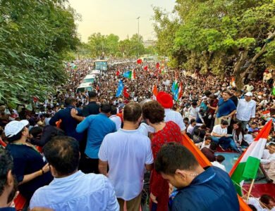 Rahul Gandhi and opposition leaders march with protesters in central Delhi