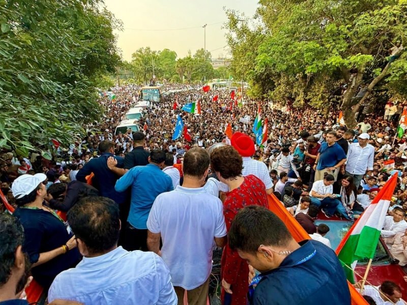 Rahul Gandhi and opposition leaders march with protesters in central Delhi