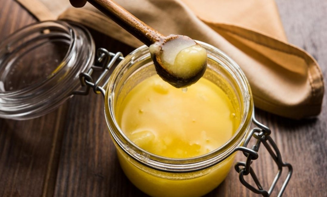 Ghee or clarified butter traditionally used in Ayurveda for a variety of wellness applications.