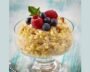 Indian rice pudding topped with shaved dark chocolate, berries and slivered almonds