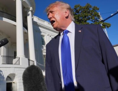 President Donald Trump speaks to reporters on the White House South Lawn