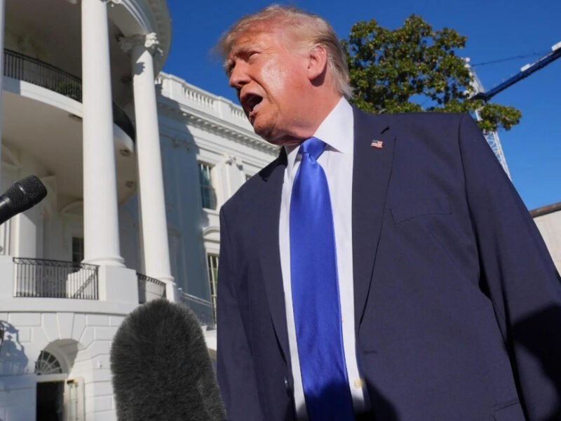 President Donald Trump speaks to reporters on the White House South Lawn